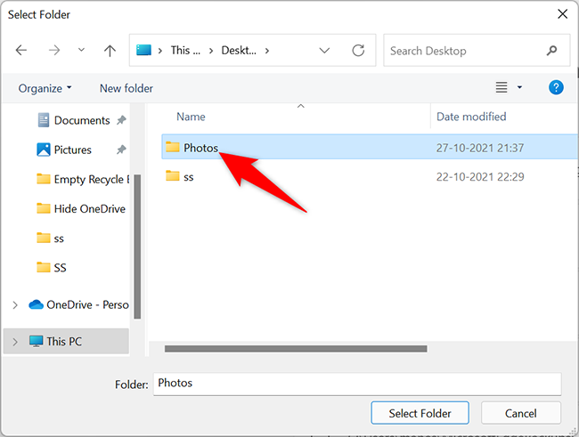 Choose a folder in the "Select Folder" window.
