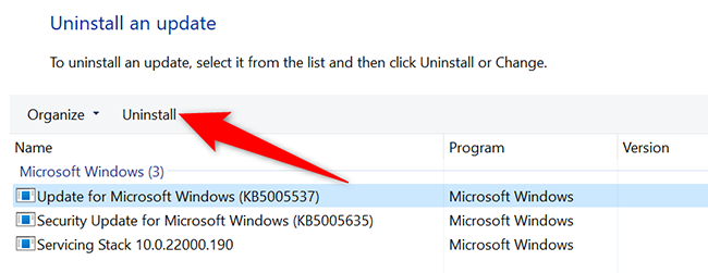 Select a Windows update and click "Uninstall."