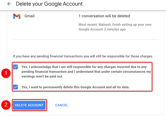 Click "Delete Account" on the "Delete Your Google Account" page.