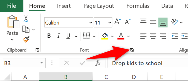 Select the arrow icon in the "Font" section of the "Home" tab.