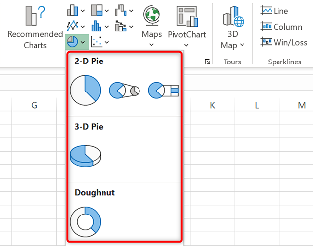 Pie chart options in Excel.