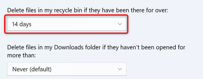 Select an option from the "Delete Files in My Recycle Bin if They Have Been There for Over" drop-down menu in Settings.