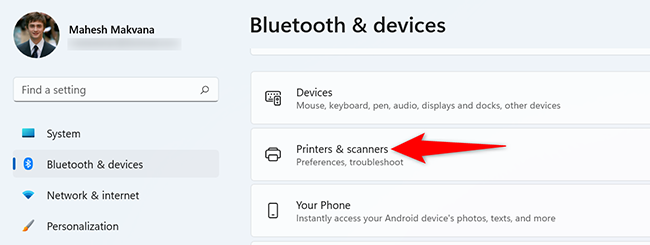 Click "Printers & Scanners" on the "Bluetooth & Devices" page in Settings.