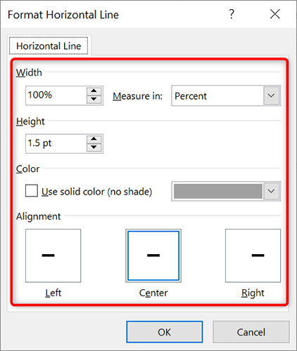 Stylize a line with the "Format Horizontal Line" window.