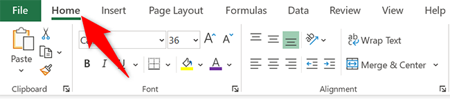 Click the "Home" tab in Excel.