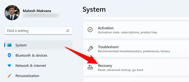 Click "Recovery" on the "System" page in Settings on Windows 11.