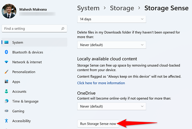 Click "Run Storage Sense Now" on the "Storage Sense" page in Settings.