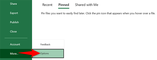 Select More > Options from Excel's left sidebar.