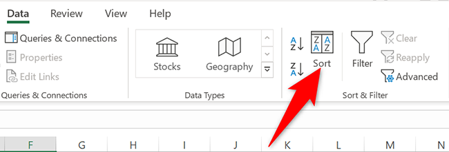 Click "Sort" in the "Sort & Filter" section of the "Data" tab in Excel.