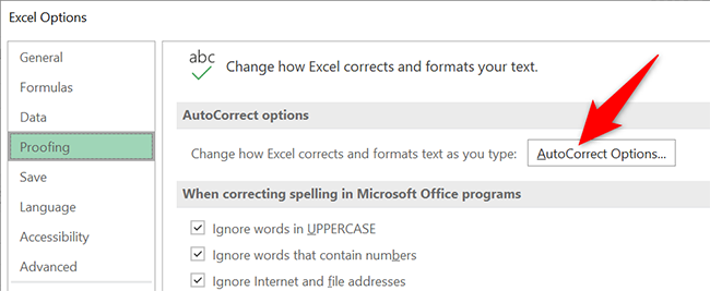 Click "AutoCorrect Options" on the "Excel Options" window.