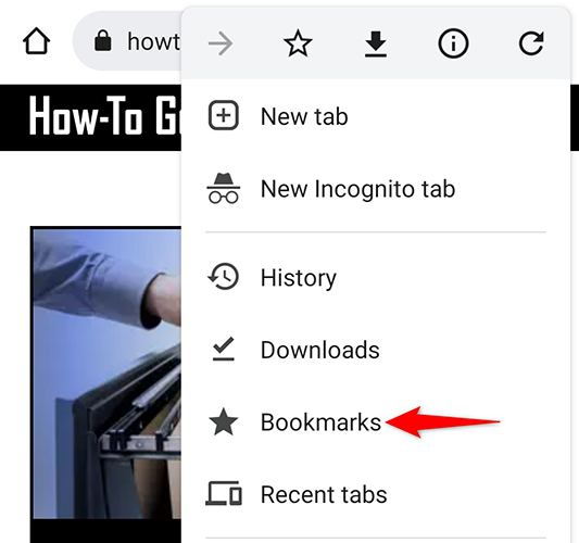 Tap the three dots menu and choose "Bookmarks" in Chrome on mobile.