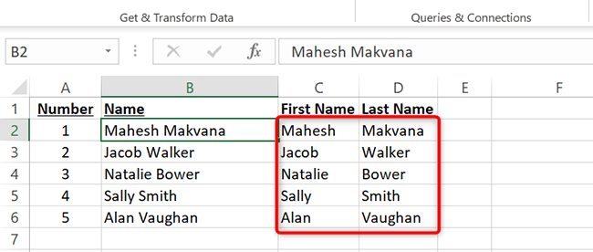 First and last names separated in Excel.