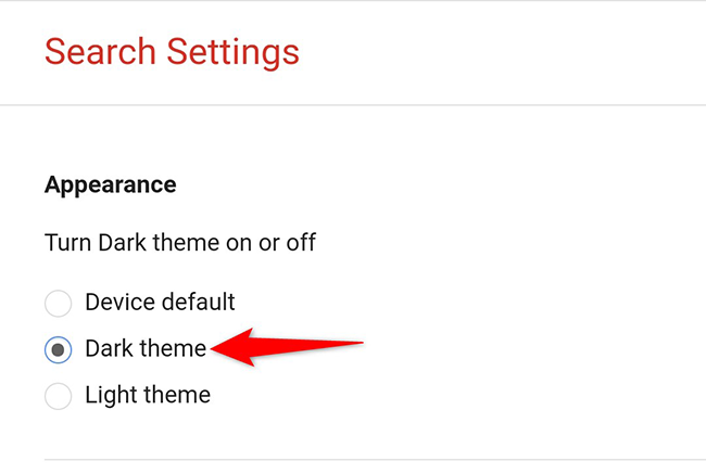 Activate the "Dark Theme" option on the "Search Settings" page on Google Search on mobile.