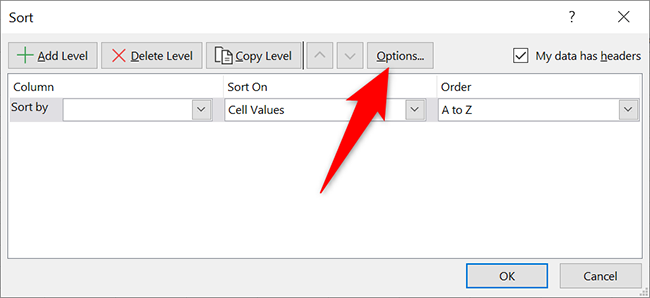 Click "Options" on the "Sort" window in Excel.