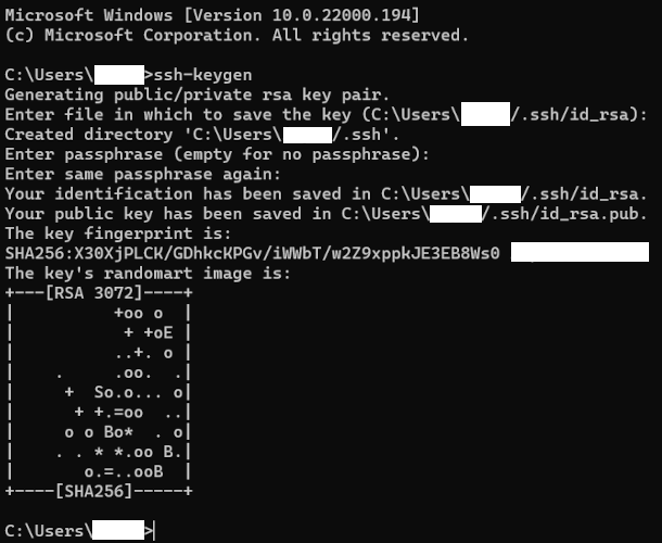 A command line window showing all the commands to create SSH keys