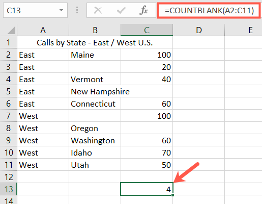 COUNTBLANK result in Excel