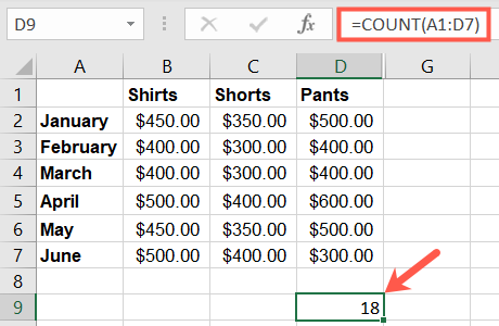 COUNT result in Excel