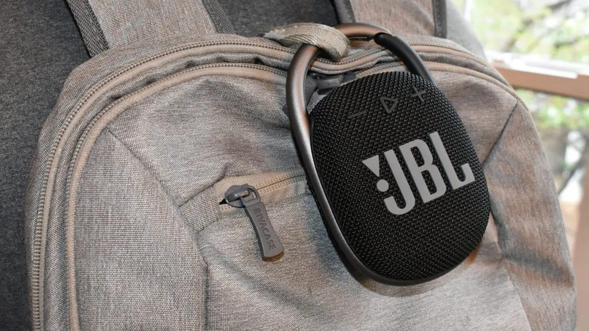 JBL Clip 4 attached to a backpack