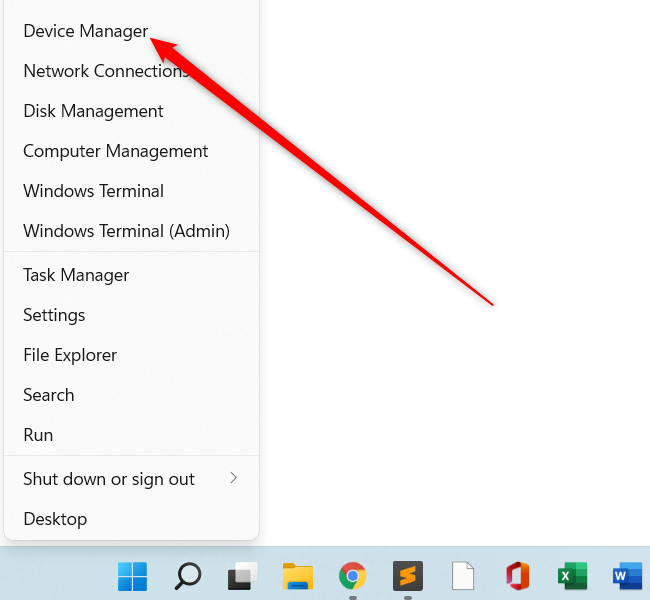 The context menu for the start button with a red arrow pointing at the Device Manager option in Windows 11.