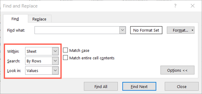 Adjust the Find feature options