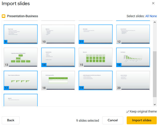 Select the slides to import