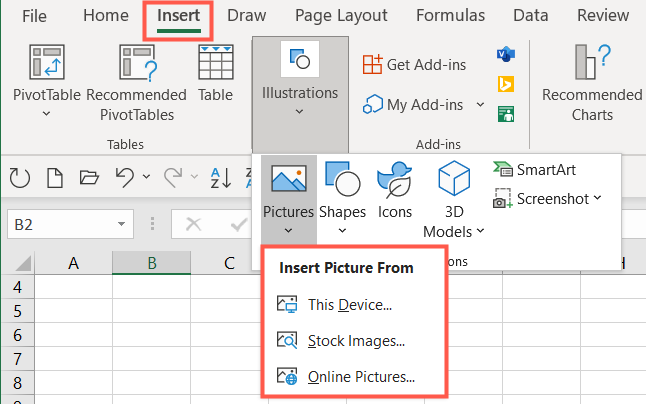 Select where to insert the picture from