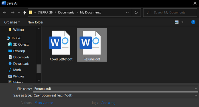 Saving a document as an ODT file in Word