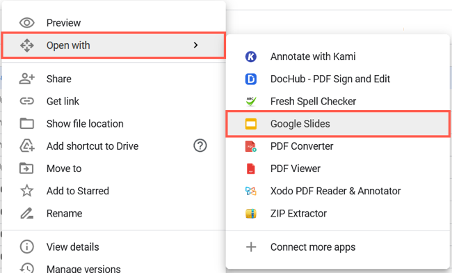 Right-click and pick Open With, Google Slides