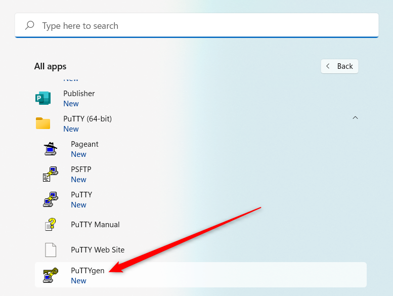 puTTY and its helper programs listed in the Windows 11 Start menu