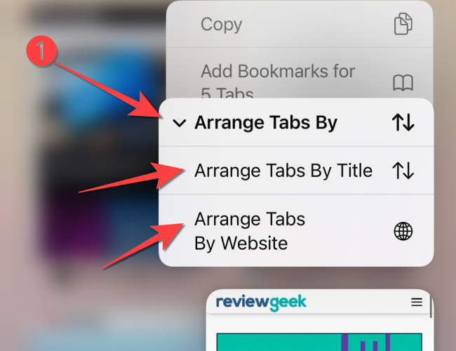 Hard-press a tab, select "Arrange Tabs By" from long-press menu, and choose to arrange by title or website.