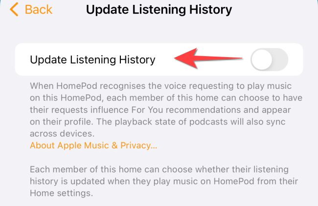 Toggle off the switch for "Update Listening History."