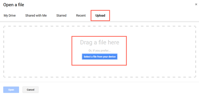 Select Upload and open or drag the file