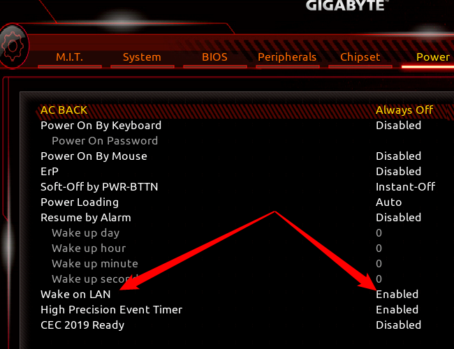 A gigabyte BIOS screen with red arrows pointing to the Wake On Lan option.