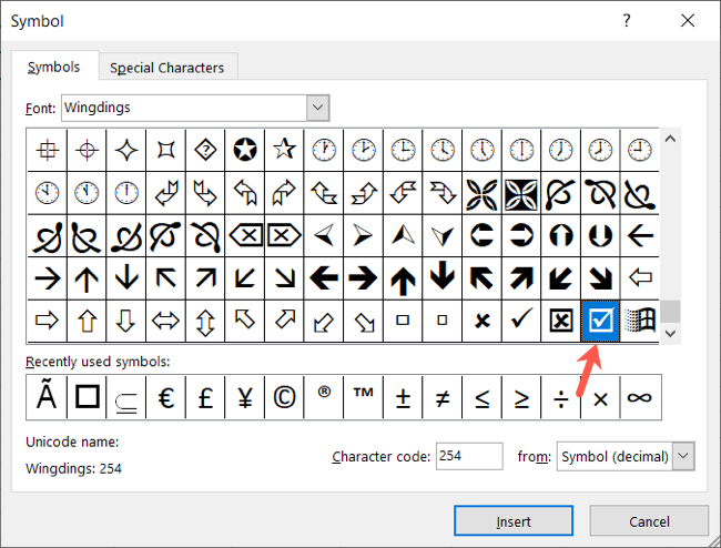 Wingdings check mark in Excel