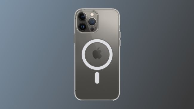 apple clear magsafe case on dark grey background