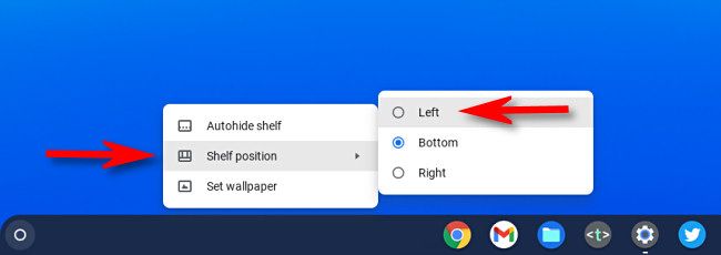 In the menu that pops up, select "Shelf Position," then select "Left, "Bottom," or "Right."