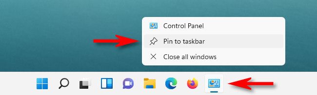 Right-click the Control Panel icon on the taskbar and select "Pin to Taskbar."