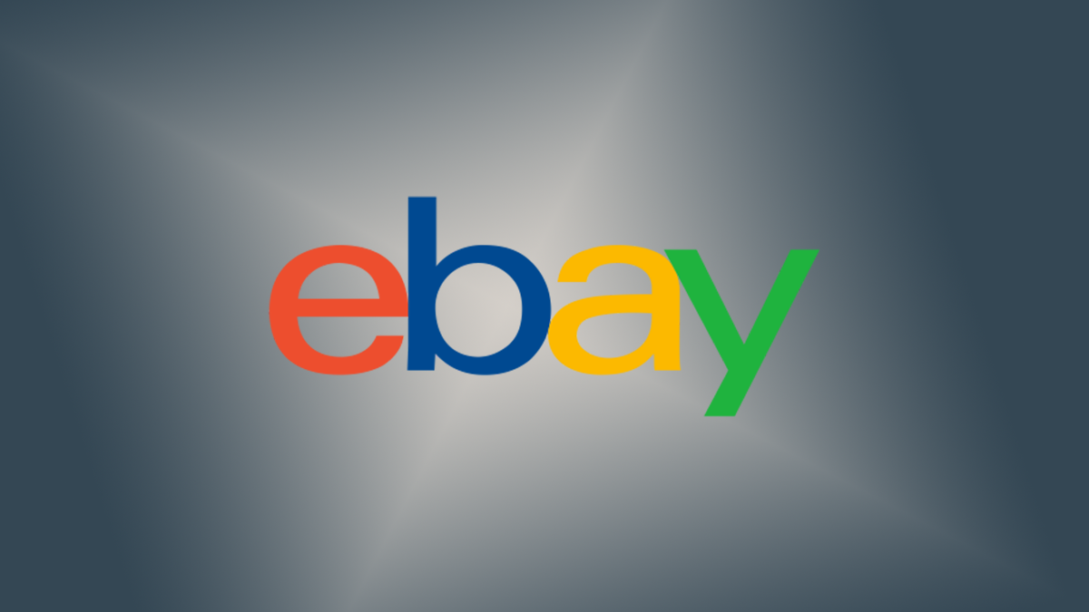 eBay logo on a gradient gray background.