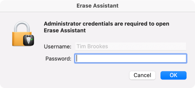 macOS Erase Assistant authentication prompt