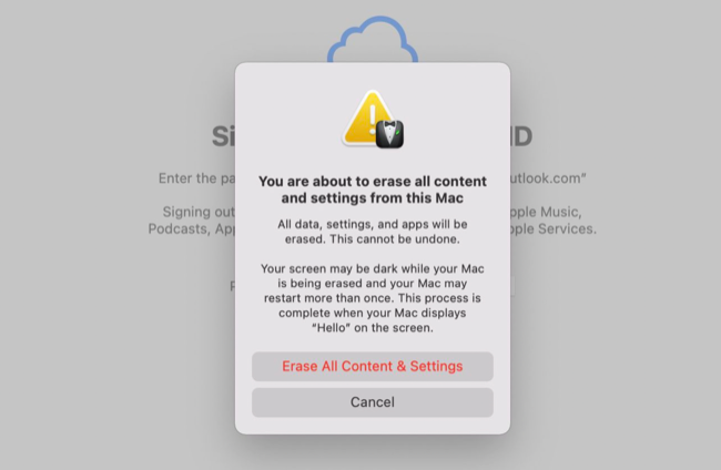 Confirm "Erase All Content & Settings" to reinstall macOS