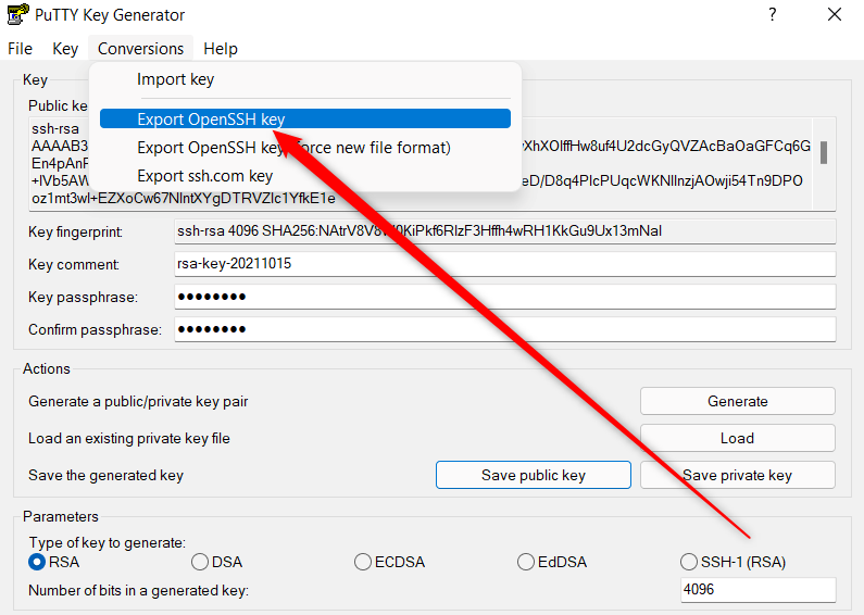 A red arrow pointing to the export SSH key option in Putty.