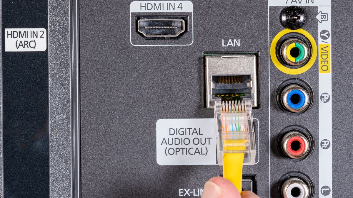 Connecting Ethernet cable to LAN port on a TV