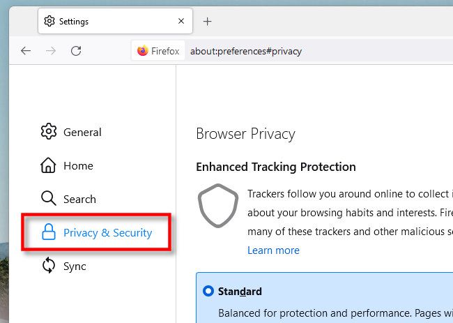 In Firefox Settings, click "Privacy & Security."