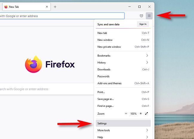 In Firefox, click the three-lines menu button, then select "Settings."