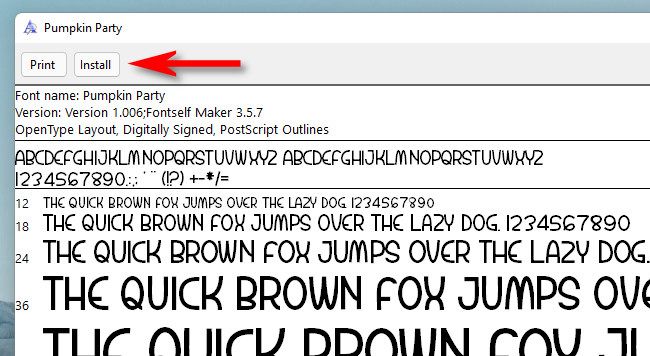 In the Font preview, click "Install."