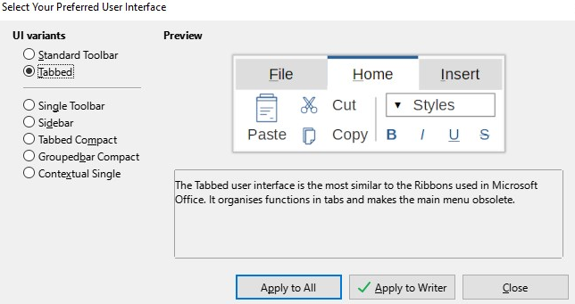 Selecting the toolbar or ribbon type in LibreOffice