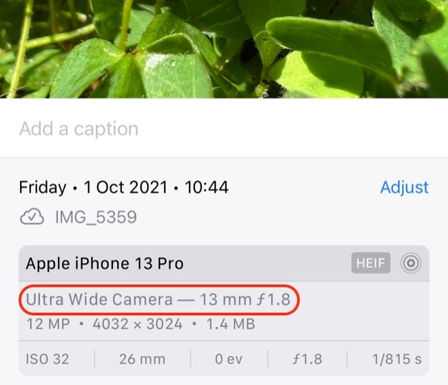 Photo information for image taken with macro mode on iPhone 13 Pro