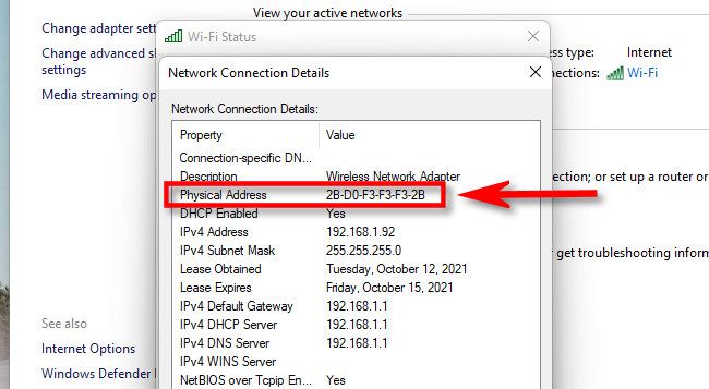 The MAC address will be listed beside "Physical Address."