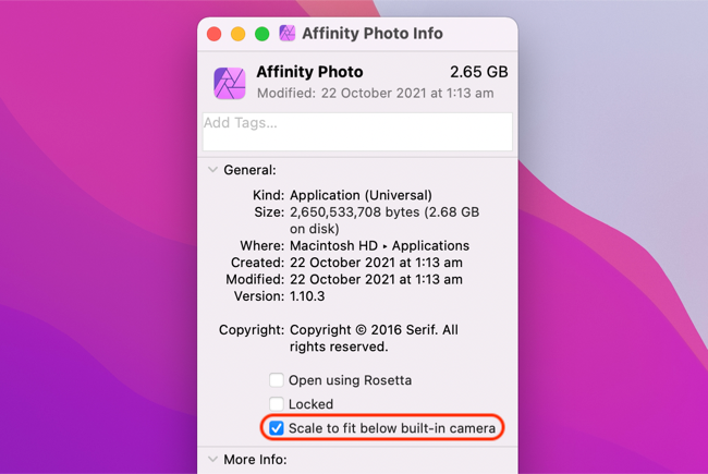 Toggle "Scale to fit below built-in camera" for an application on macOS Monterey