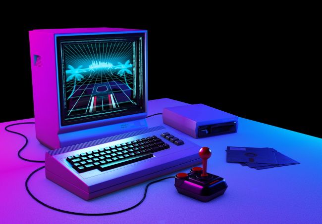 A retro game running on a stylized old computer.